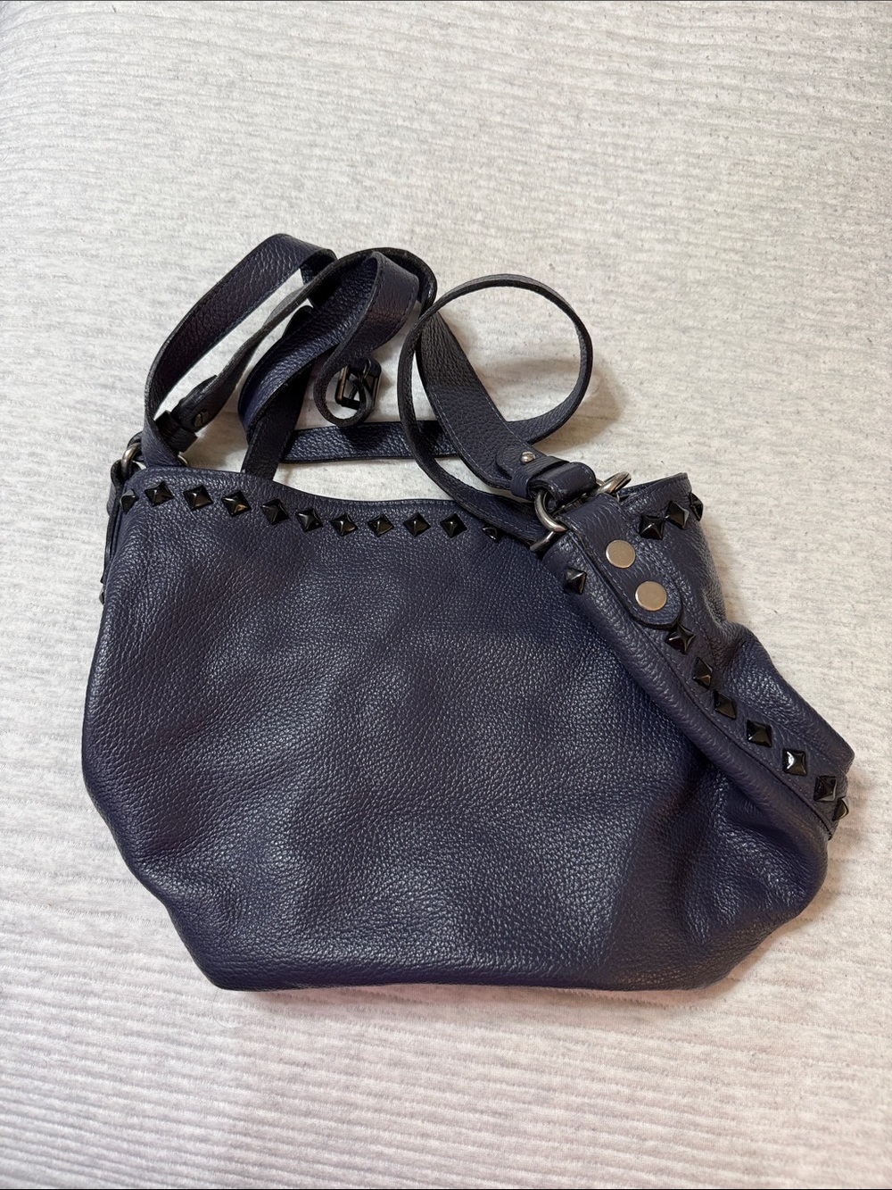 Navy Leather Crossbody Bag with Black Stud Trim